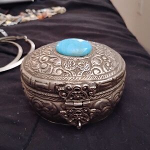 Antique Silver Trinket Box with Blue Turquoise Jewel On Top